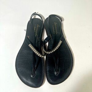 Black Sandals with Rhinestone Embellished Strap and Flat Sole